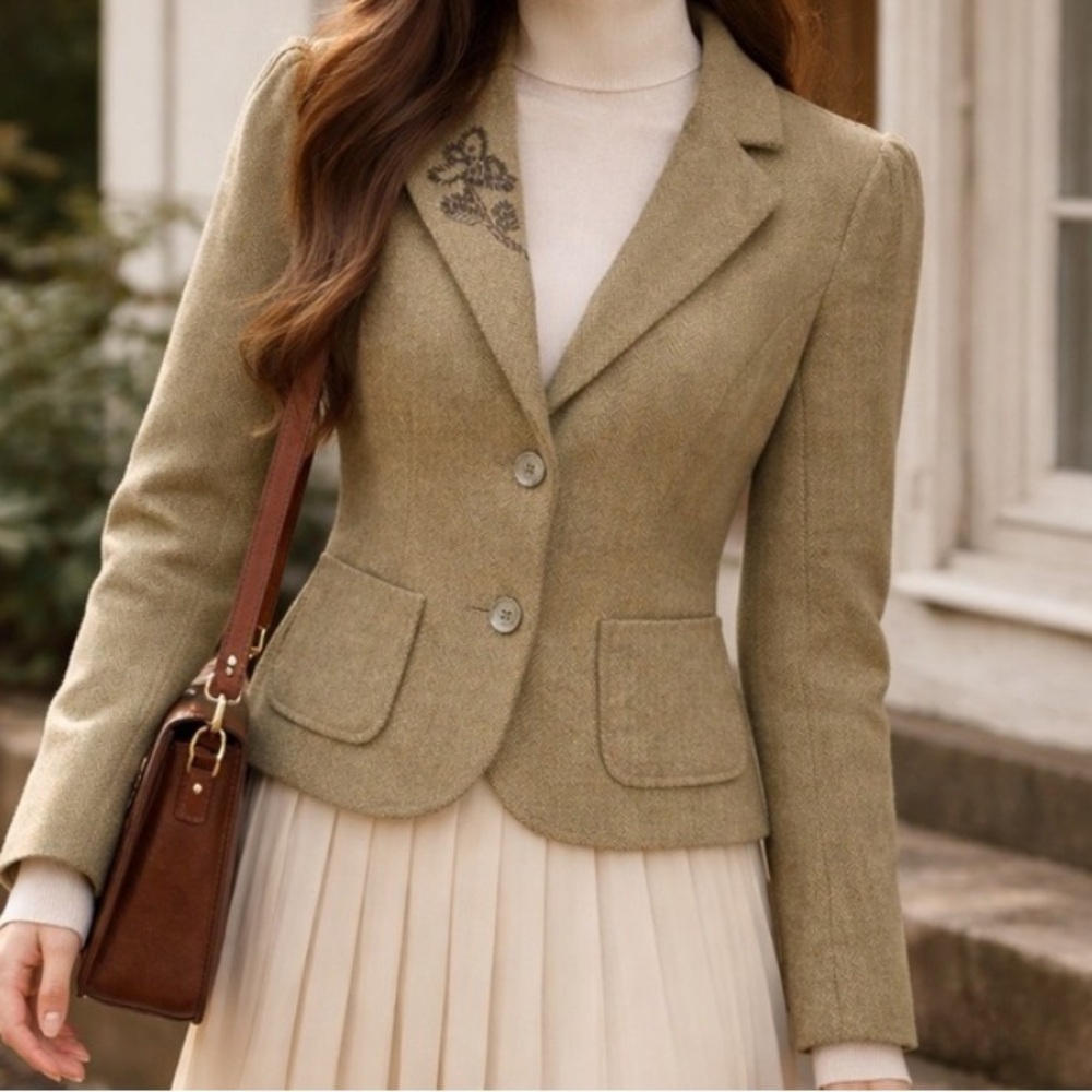 Puff Sleeve Wool Herringbone Blazer Coat Vintage Old Navy Y2K XL Academia Preppy